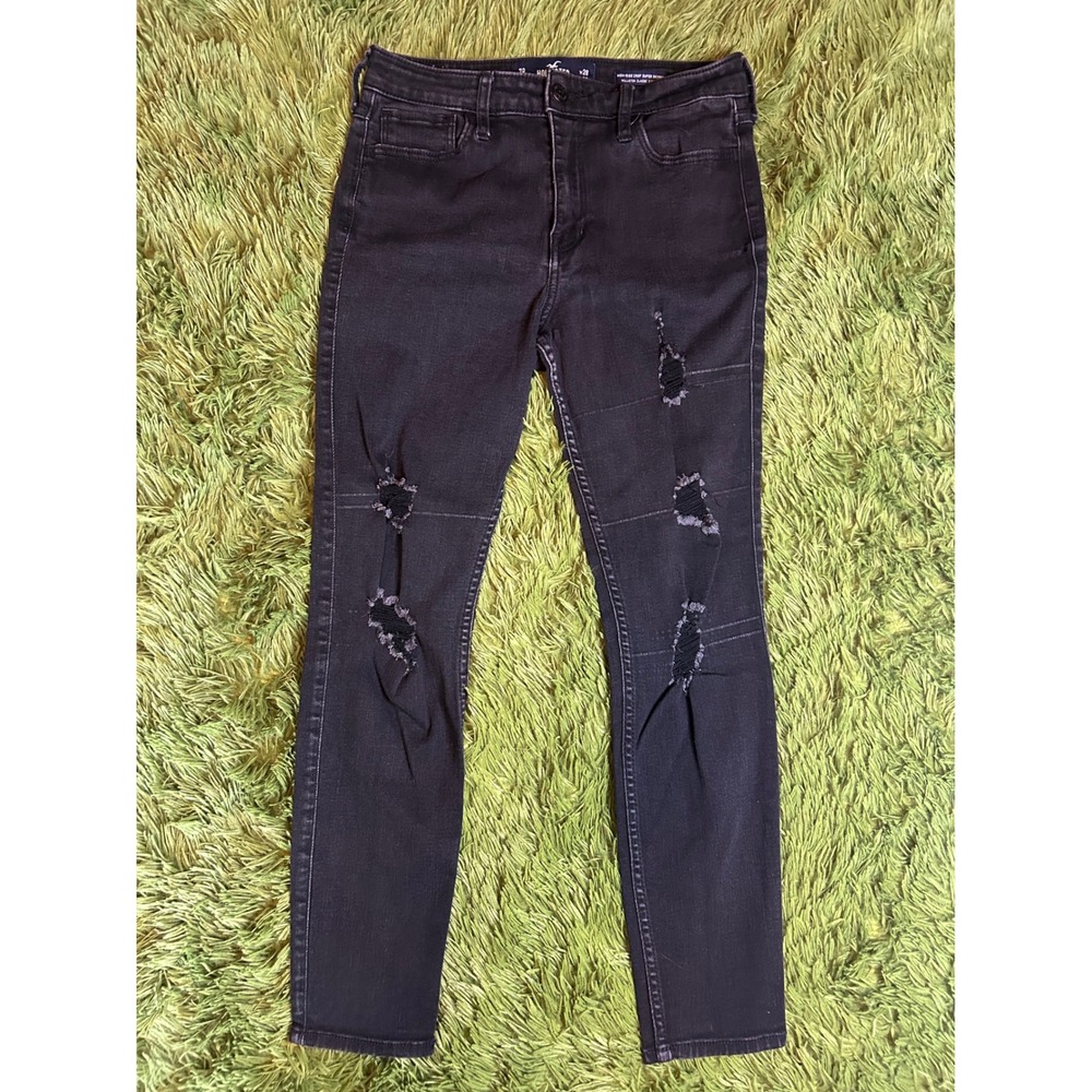 Hollister Jeans Womens 7R Black High-Rise Crop Super Skinny Distressed Stretch
